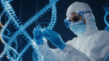 Wall Mural - female scientist in full protective gear examines a test tube in a dna research lab.