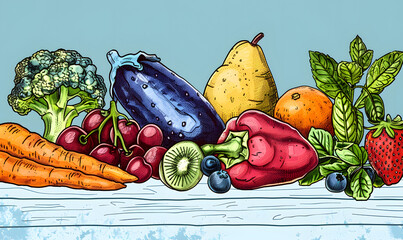 Wall Mural - fruits and vegetable herbal concept  for background or 2d illustrator cartoon.