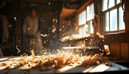 Wall Mural - Sunlit woodshop showcasing dynamic energy of craftsmanship with sawdust flying through the air