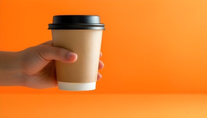 Wall Mural - Vibrant minimalist composition of a hand holding a paper coffee cup against a bright orange background for a cozy atmosphere