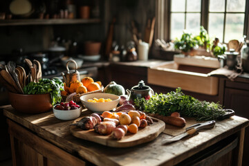 A Thanksgiving farm-to-table scene with fresh produce, herbs, and vegetables being prepared in a rustic kitchen, capturing the essence of the harvest and the care of homemade cooking