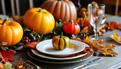 Wall Mural - Autumnal table setting adorned with vibrant pumpkins, seasonal leaves, and elegant tableware on rustic wooden surface