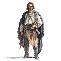 Medieval Man in Traditional Clothing  Watercolor Illustration