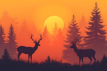 Wall Mural - Deer silhouettes in foggy forest with sunset