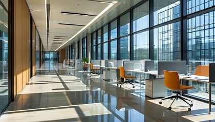 Wall Mural - Bright and inviting modern office corridor featuring glass walls and well-structured workstations, showcasing a professional and organized workspace.