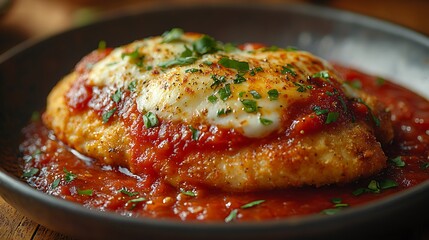 Wall Mural - A close-up of a breaded chicken breast topped with melted mozzarella cheese and tomato sauce.