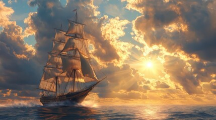 Wall Mural - A majestic three-masted sailing ship sailing in the open ocean towards the sun. Impressionism, oil painting