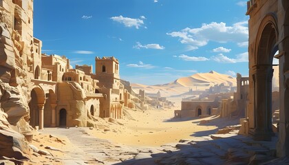 Wall Mural - Sunlit ancient desert city with stone buildings and arched doorways against distant sandy dunes under clear blue sky