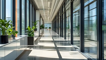 Wall Mural - Bright and inviting modern office corridor featuring glass walls and well-structured workstations, showcasing a professional and organized workspace.