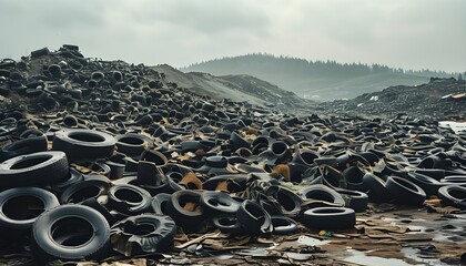 Wall Mural - Chaotic stack of worn-out tires creating a gritty urban landscape