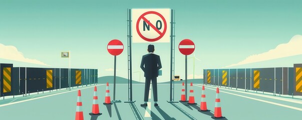 A businessman standing at a border checkpoint, facing a huge  No Trade  sign, trade restriction, global commerce barrier