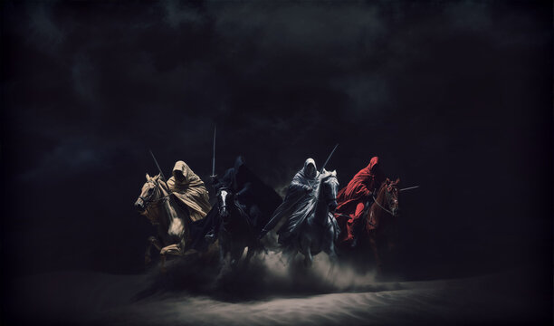 Prophetic apocalypse. Four Horsemen - White for Conquest, Red for War, Black for Famine, Pale for Death - Set Against a Stark Desert Landscape with a Black Background. Biblical prophecy vision.