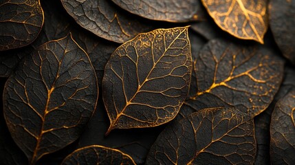 Wall Mural - Black leaves with gold veins, creating an elegant and intricate pattern. .