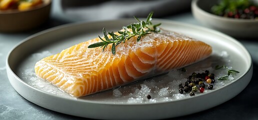 Fresh salmon fillet on plate with rosemary and peppercorns.