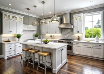 Bright kitchen featuring white shaker cabinets that create a clean and airy look against a modern gray backdrop that adds depth and sophistication.