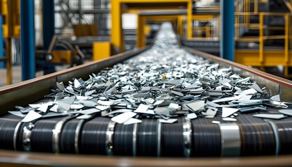 Industrial conveyor belt sorting metal fragments in a recycling facility showcasing efficient waste management and resource recovery