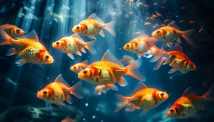 Mesmerizing underwater scene of a school of fish gliding gracefully beneath sparkling light filtering through the waters surface