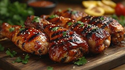 Wall Mural - Grilled chicken drumsticks with sesame seeds and parsley on a wooden board.