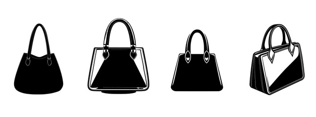 An icon depicting a simple black square women's bag with two handles isolated on white