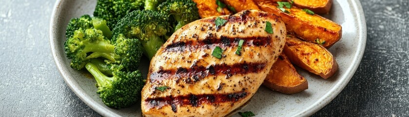 Canvas Print - Delectable Grilled Chicken Breast with Roasted Sweet Potatoes and Broccoli