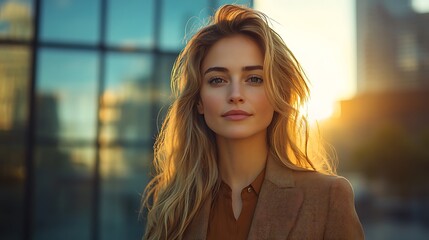 Canvas Print - A young woman with long blonde hair stands in front of a modern building with the sun setting behind her.