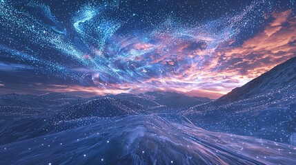 Wall Mural - A mesmerizing landscape of rolling hills blanketed in snow under a vibrant, starry sky. The image features a mix of warm and cool tones with a backdrop of dynamic clouds illuminated by the setting sun