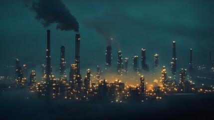 Poster - A city skyline at night with many tall buildings and a large industrial area. The lights from the buildings and the factories create a bright and bustling atmosphere