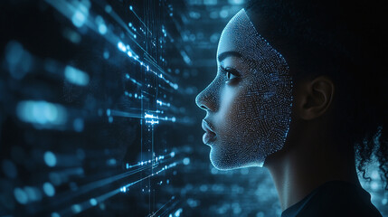 AI cyber security threat illustration, black african american female IT specialist analysing data science nformation technology, augmented reality artificial intelligence, side profile, copy space