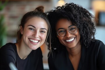 Happy multiethnic smiling business women working together in office