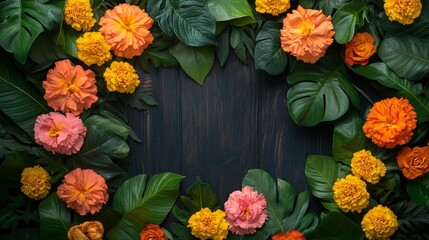 Wall Mural - Vibrant orange and yellow flowers surround a dark wooden background, framed by lush green leaves. .