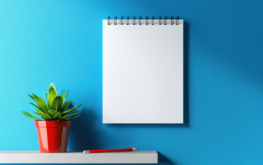 Blank notepad hanging on blue wall with red pencil and small plant on a white shelf, ready for notes or ideas in a minimalist setup.