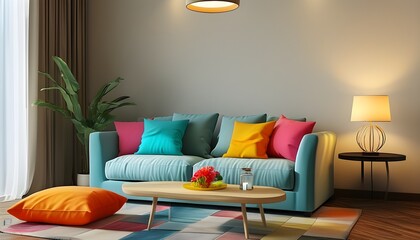 Poster - Cozy living room featuring stylish couch adorned with vibrant cushions and a chic lamp illuminating the end table