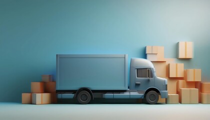 A blue delivery truck beside stacks of cardboard boxes on a pastel background, symbolizing logistics and transport.