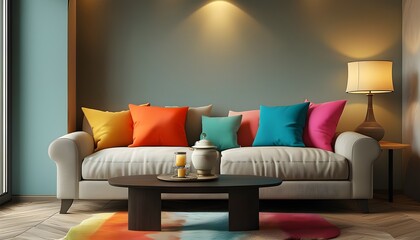 Wall Mural - Cozy living room featuring stylish couch adorned with vibrant cushions and a chic lamp illuminating the end table