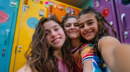 Three friends take a joyful selfie in front of colorful lockers at school. Their smiles show the happiness of friendship and fun moments.