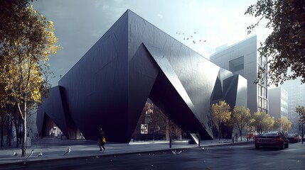 A contemporary art museum with a dark grey exterior, featuring sharp geometric shapes, located in a revitalized urban area