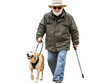 © Asier - Older man walking with a guide dog, wearing a hat and sunglasses, isolated on white background.  PNG transparent.