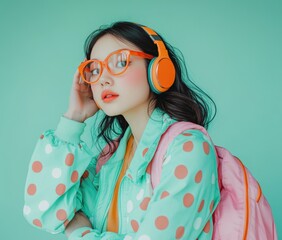 A young Asian woman with backpack, and orange glasses, listening to music with headphones on an isolated pastel background.