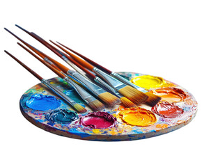 Wall Mural - wooden artist's palette with colorful paints and brushes, isolated on white background. png transpar