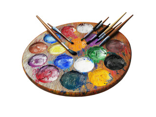 Wall Mural - wooden artist's palette with colorful paints and brushes, isolated on white background. png transpar