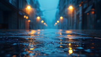 Wall Mural - Mysterious urban nightscape with wet asphalt, reflections, and neon lights amidst swirling smoke and deep blue ambiance