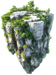 Green island with rocky cliffs and dense vegetation, isolated on a white background. PNG transparent.