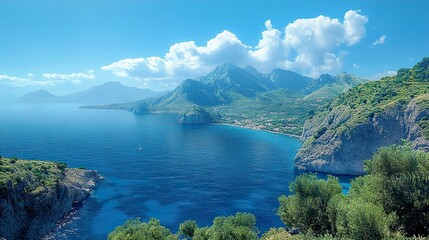 Poster - Stunning Coastal Landscape with Blue Waters and Mountains