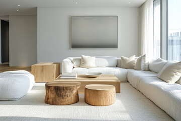 Wall Mural - Bright and airy living room with a spacious couch and wooden furniture bathed in natural light