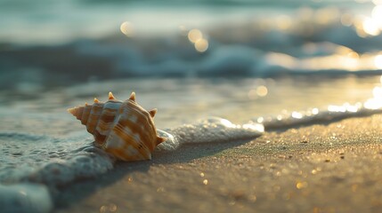 A beautiful shell image on a sandy beach. The shell has unique colors and patterns. It lies on the beach, surrounded by grains of sand