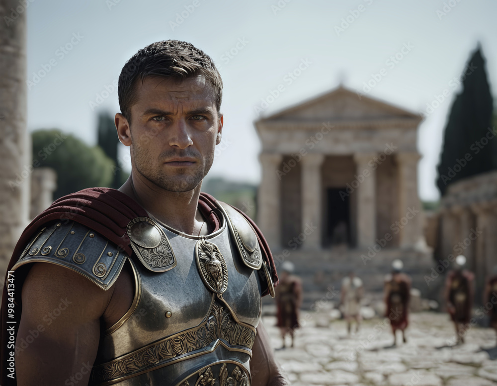 Close Up Of A Concentrated Ancient Roman Soldier In Traditional Armor