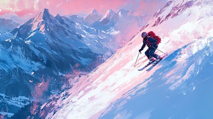 Canvas Print - ski resort man goes down the mountain.