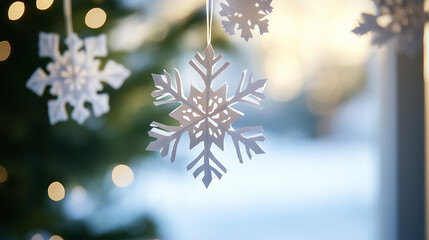 Elegant white paper snowflake decorations hanging