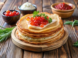 Rich aromas waft from a steaming hot Russian pancake, filled with sweet or savory ingredients, placed on a wooden table for a satisfying meal.