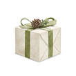 © Mimomy - Watercolor vintage present box with Christmas gift, pine cone and a green ribbon isolated on white background. Hand drawn illustration sketch